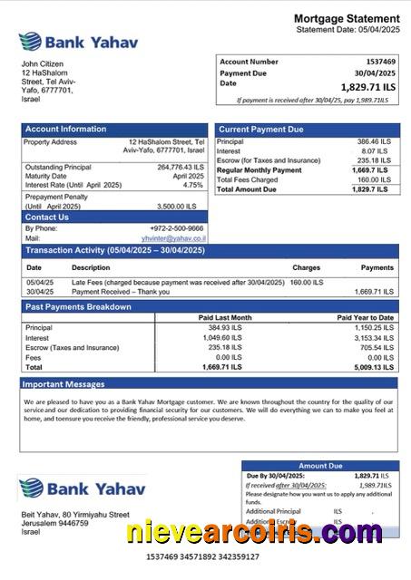 Israel Bank Yahav mortgage statement Word and PDF template